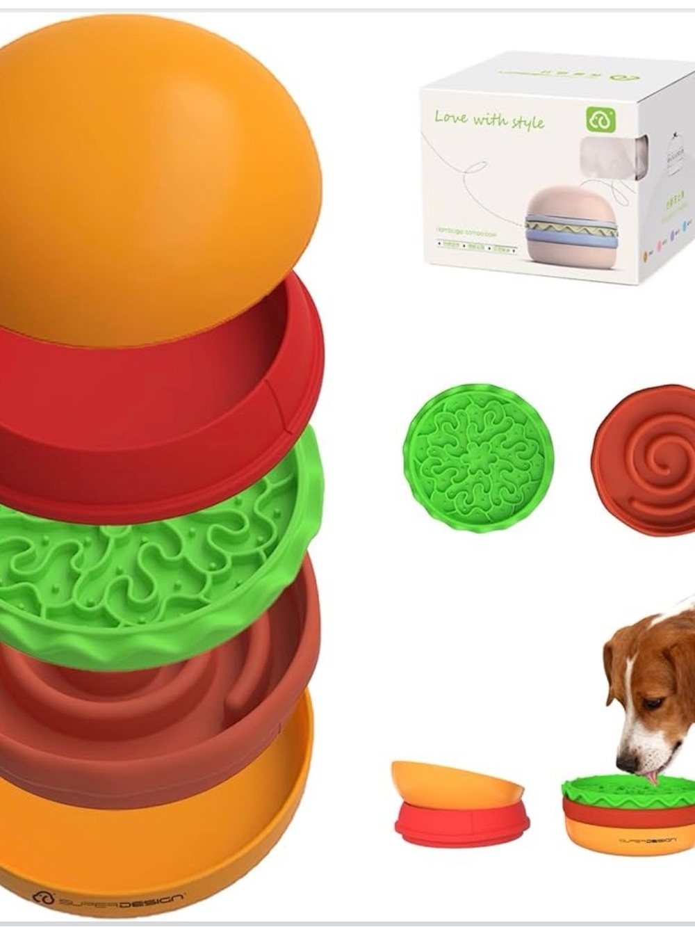 Interactive Hamburger Slow Feeder Dog Bowl - Orange, Red & Green